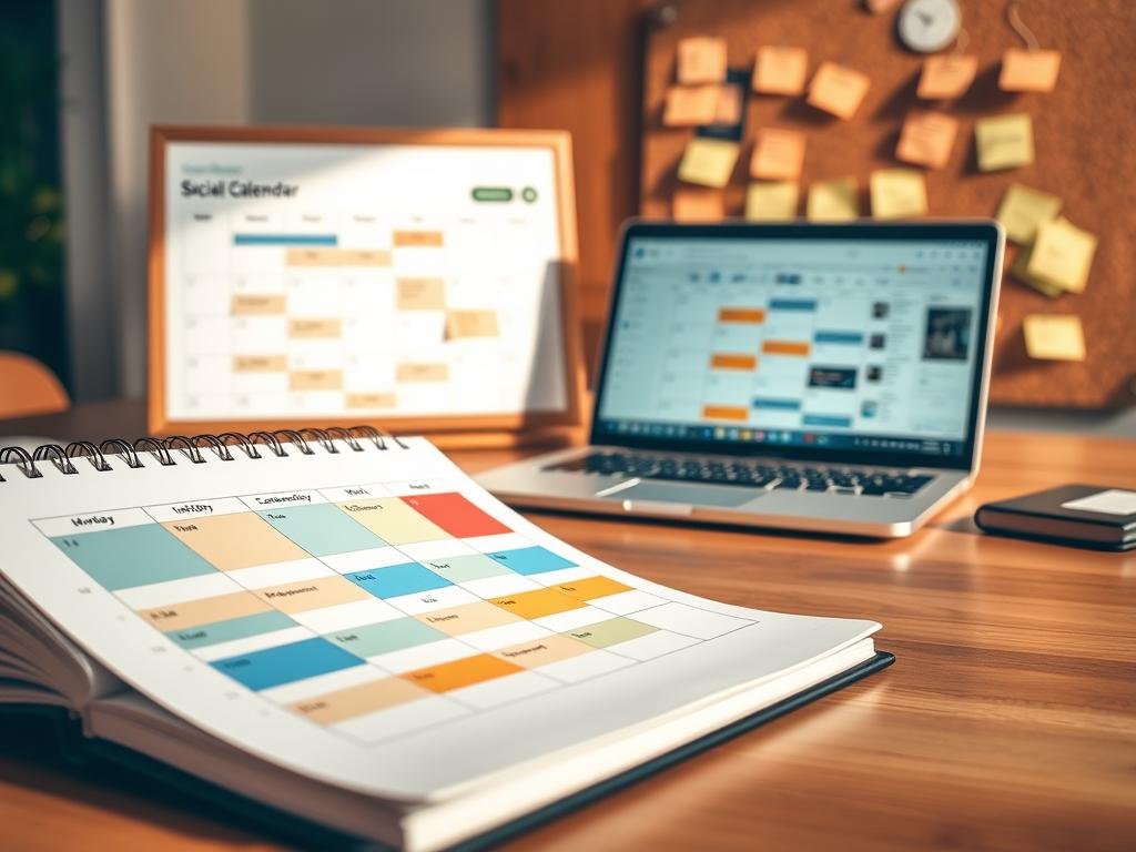 a well-organized social media calendar, with a clean and minimal design aesthetic. in the foreground, a notebook open to a calendar layout, with color-coded blocks for different types of content. in the middle ground, a laptop displaying a social media dashboard, showing scheduled posts and analytics. in the background, a cork board with sticky notes, brainstorming ideas and themes. warm, natural lighting illuminates the scene, creating a sense of productivity and focus. the overall mood is one of intentional, organized planning for a month's worth of social media content.