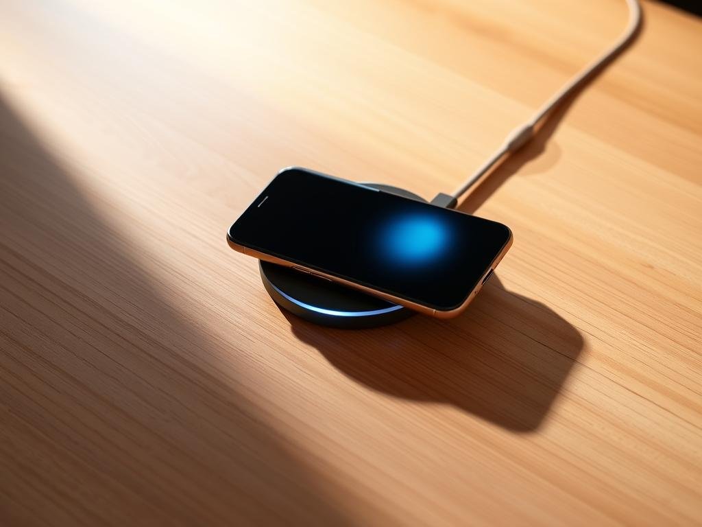 a wirelessly charging smartphone resting on a sleek, minimalist charging pad. the phone's screen glows with a subtle blue hue, indicating successful power transfer. the charging pad is positioned on a clean, wooden surface, casting soft shadows that create a sense of depth. warm, diffused lighting from above illuminates the scene, highlighting the elegant design of the charging components. the overall atmosphere is one of effortless, modern convenience, showcasing the seamless integration of wireless charging technology.