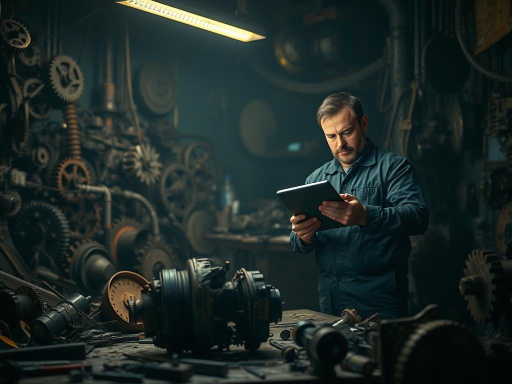 a workshop filled with various mechanical components and gears, dimly lit by a warm overhead light, casting intricate shadows across the scene. in the foreground, a broken or malfunctioning machine part lies amid scattered tools, symbolizing the unpredictable nature of equipment failures. in the middle ground, a technician examines a diagnostic tablet, brow furrowed in concentration, representing the challenge of accurately predicting maintenance needs. the background is hazy, evoking the uncertainty and complexity of the predictive maintenance process, with a sense of unease and tension in the atmosphere.