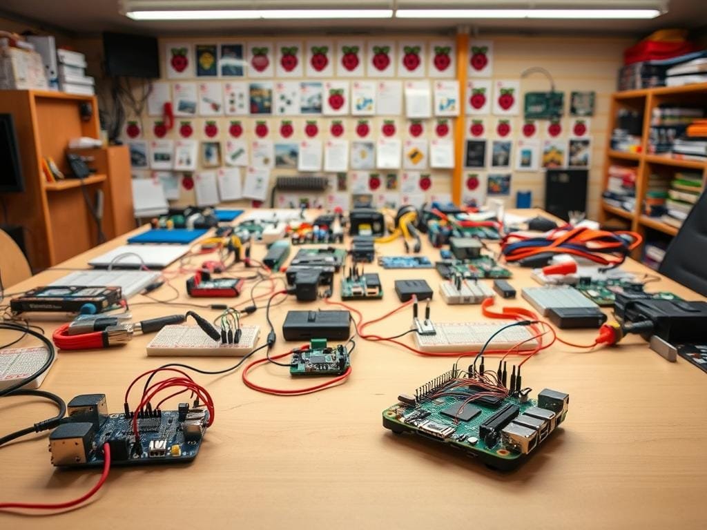 A workshop table filled with an assortment of Raspberry Pi boards, breadboards, cables, and electronic components. Overhead lighting casts a warm glow, illuminating the tinkering projects in progress. In the foreground, a half-built robot or sensor module takes shape, its wires and circuits exposed. The middle ground showcases a variety of Raspberry Pi project ideas, from home automation to media centers, each represented by a small model or schematic. The background features a wall of shelves stocked with Raspberry Pi accessories and project guides, hinting at the boundless possibilities for creative builds.
