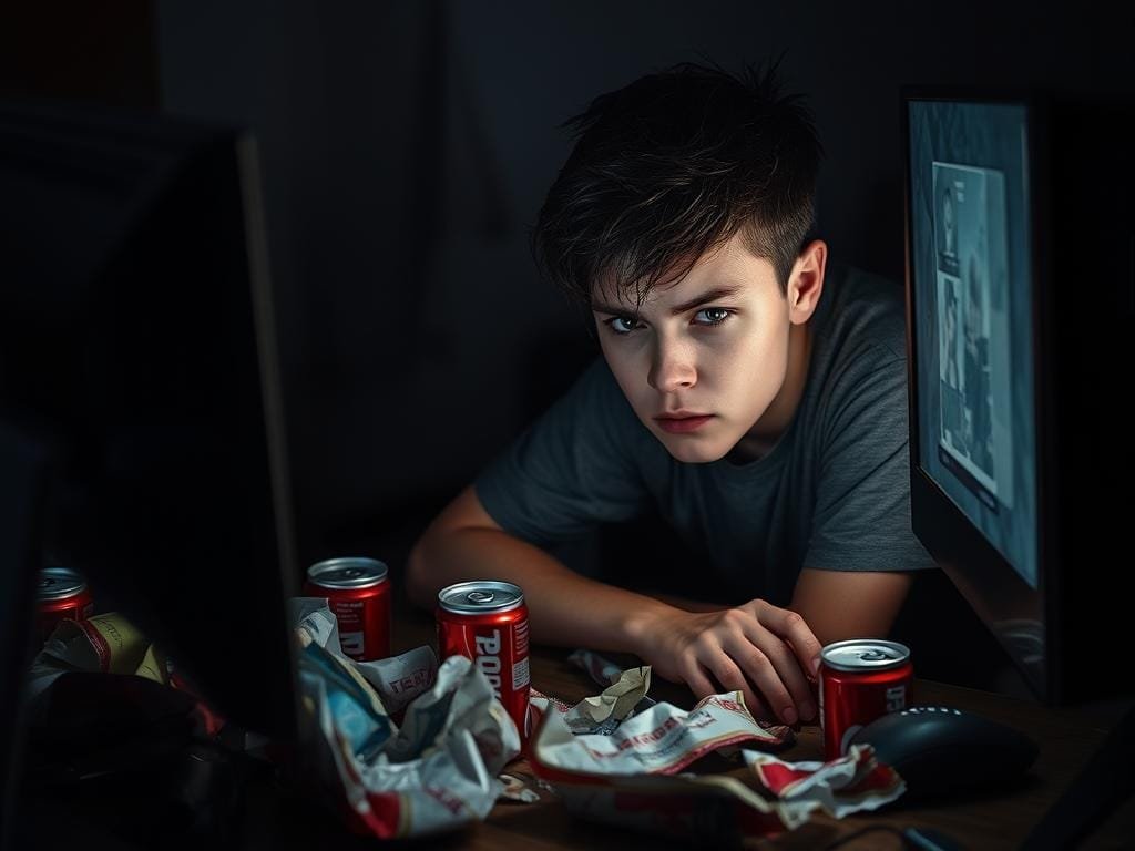 A young adult sits alone in a dimly lit room, their face illuminated by the harsh glow of a computer screen. Discarded snack wrappers and empty energy drink cans litter the cluttered desk, a testament to the hours lost in frantic gaming. The expression on their face is one of exhaustion and detachment, a hollow stare that betrays the addictive grip of the virtual world. In the background, shadows creep in, symbolizing the encroaching darkness of an unhealthy obsession. The scene is a stark contrast to the vibrant, immersive landscapes of the games they once eagerly explored, now replaced by a sense of isolation and despair.