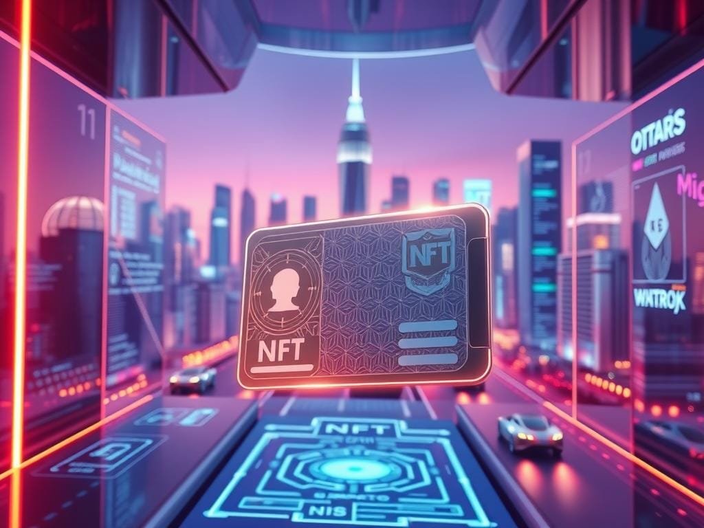 An elegantly designed digital wallet floating in a sleek, futuristic environment. In the foreground, a virtual ID card with intricate NFT patterns glows with an authoritative luminescence. Surrounding it, abstract geometric shapes and translucent panels suggest advanced blockchain technology. The middle ground features holographic interfaces, with data streams and cryptographic signatures. In the background, a vibrant cityscape of skyscrapers and hover-cars conveys a vision of tomorrow's smart cities, where digital identities secured by NFTs are the norm. Warm, directional lighting casts an air of sophistication, while the color palette of blues, purples, and metallic accents evokes a sense of cutting-edge innovation.