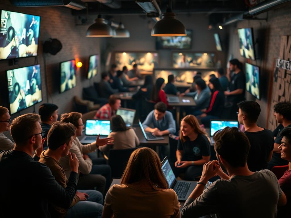 an energetic gaming community gathered in a cozy, dimly-lit lounge, illuminated by the soft glow of multiple screens. in the foreground, a group of players engaged in animated discussions, hands gesturing as they share strategies and experiences. in the middle ground, others sit clustered around tables, laptops open, collaborating on game development projects. the background is filled with the faint sound of controller clicks and laughter, creating an atmosphere of camaraderie and creative synergy. soft, warm lighting casts a welcoming ambiance, while the camera angle captures the scene from a slightly elevated perspective, conveying a sense of observational immersion.