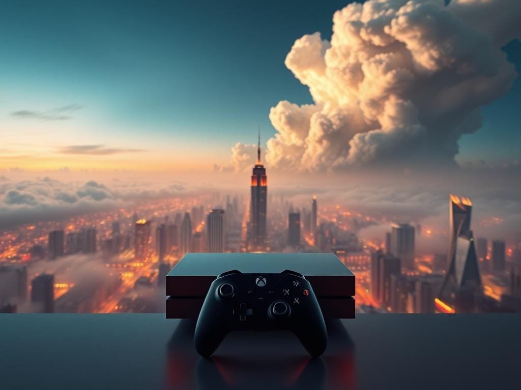 An epic landscape showcasing the dawn of cloud gaming, centered on the sleek and modern interface of Amazon Luna. In the foreground, a minimalist console and controller, bathed in warm ambient lighting, inviting the user to embark on a seamless gaming experience. The midground features a stunning cityscape, skyscrapers and neon-lit streets reflecting the future of on-demand entertainment. In the distance, dramatic cloud formations fill the sky, hinting at the boundless potential of cloud computing. The overall atmosphere is one of technological innovation, immersion, and the promise of a new era in gaming.