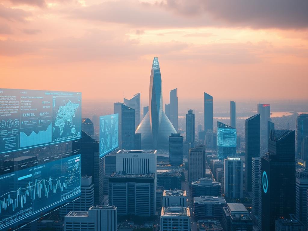 An expansive cityscape bathed in a warm, diffused light. In the foreground, a series of transparent digital screens display complex data visualizations and analytics, conveying the power of AI transparency technologies. The middle ground features sleek, futuristic office buildings and research facilities, their architectural forms echoing the clean lines of the data displays. In the distance, a towering, crystalline structure stands as a symbolic beacon of technological innovation, its faceted surfaces refracting the ambient illumination. The overall atmosphere is one of progress, clarity, and the responsible advancement of AI capabilities.