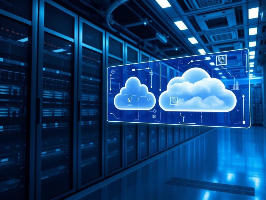 An expansive, futuristic datacenter backdrop, with towering servers and sleek, high-tech equipment. In the foreground, three distinct cloud service models materialize as holographic displays - Infrastructure as a Service (IaaS), Platform as a Service (PaaS), and Software as a Service (SaaS) - showcasing their unique features and capabilities through dynamic, interactive visualizations. The scene is bathed in a cool, blue-tinted lighting, creating a sense of technological sophistication. The perspective is slightly elevated, allowing the viewer to take in the full scope of the cloud service landscape. An atmosphere of innovation and cutting-edge advancements permeates the image.