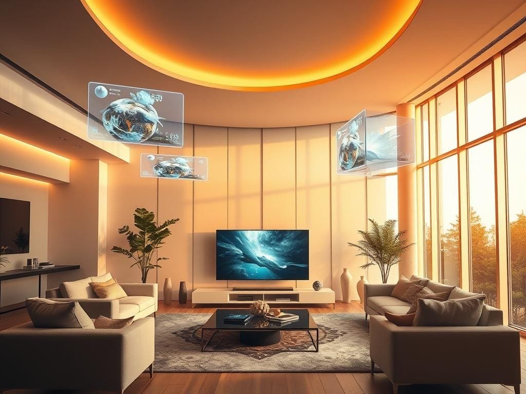 An immersive living room of the future, bathed in warm, natural lighting from large, curved floor-to-ceiling windows. At the center, a state-of-the-art, ultra-thin 8K television seamlessly blends into the modern, minimalist decor. Holographic displays float effortlessly in the air, showcasing vivid, lifelike visuals. Ambient lighting and smart home controls are elegantly integrated into the walls, creating a harmonious, high-tech environment. Advanced haptic interfaces and voice commands allow for intuitive interaction with the various display technologies. The room exudes a sense of tranquility and technological sophistication, hinting at the extraordinary capabilities of future display applications in the home.