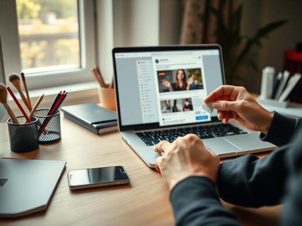 an office desk with a laptop, smartphone, and various stationery items arranged neatly. in the foreground, a person's hands are shown repurposing content from a web page on the laptop screen, cutting and pasting elements to create a new social media post. soft, diffused natural lighting filters in from a window in the background, casting a warm, productive atmosphere. the overall scene conveys the efficient, streamlined process of content repurposing for social media platforms.