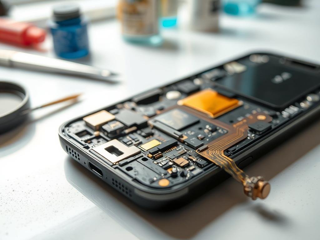close-up shot of a disassembled smartphone, with the display and components removed, revealing the internal circuitry and water damage. the phone is placed on a clean, well-lit workbench, with tools and cleaning supplies visible in the background. the lighting is soft and diffused, casting subtle shadows and highlights on the intricate electronics. the focus is on the oxidized, corroded connections, which the viewer can almost smell the acrid scent of. the overall mood is one of careful, meticulous repair, with a sense of the delicate and precise work required to salvage a water-damaged device.