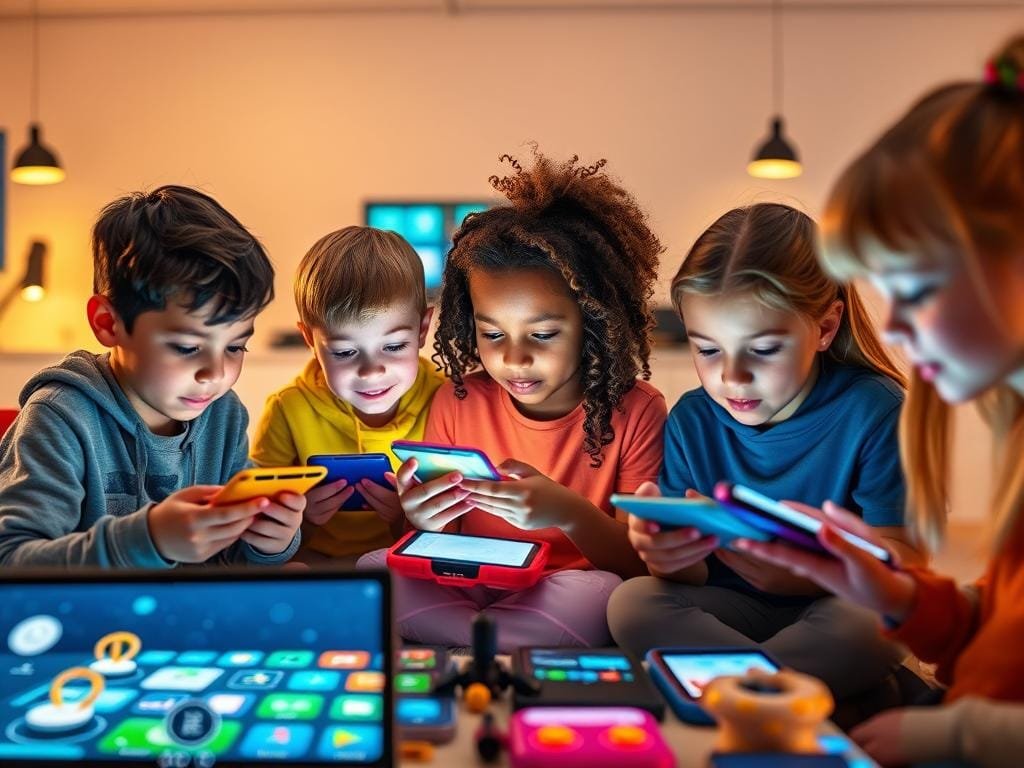 Coding apps for kids: a vibrant digital playground, where colorful interfaces and playful interactions bring programming concepts to life. In the foreground, a group of diverse young coders tapping away on their mobile devices, their faces lit by the glow of the screens. The middle ground features a variety of app icons and UI elements, hinting at the range of projects and themes – from game development to robotics. In the background, a sleek, minimalist workspace with modern tech accessories sets the stage for a creative and collaborative coding environment. Warm, indirect lighting casts a welcoming glow, while a sense of curiosity and discovery permeates the scene.