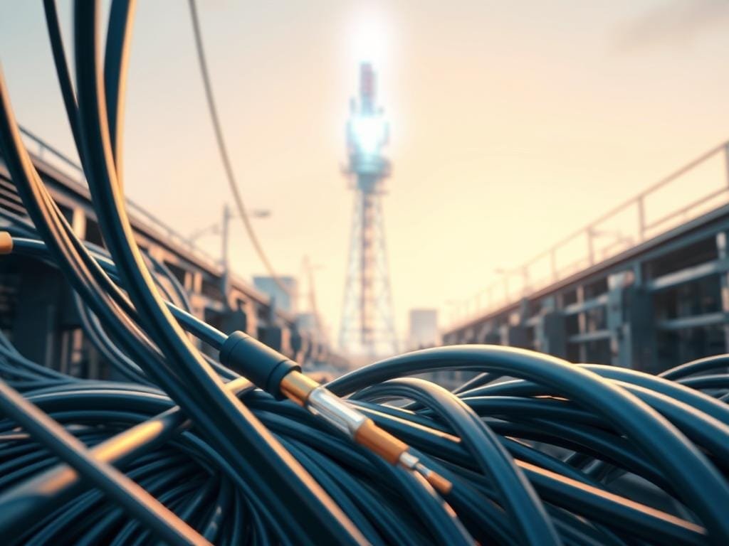 Comparing Fiber, Cable, and 5G Internet: A detailed architectural illustration showcasing the distinct infrastructure and technologies behind these three internet delivery methods. In the foreground, sleek fiber optic cables snake through the scene, contrasting with the bulky coaxial cables of a cable network in the middle ground. In the background, a towering 5G cellular tower radiates a futuristic, ethereal glow. The lighting is soft and diffused, highlighting the intricate technical components while maintaining a sense of balance and harmony. The perspective is slightly elevated, providing an overview that emphasizes the scale and complexity of these competing internet solutions.