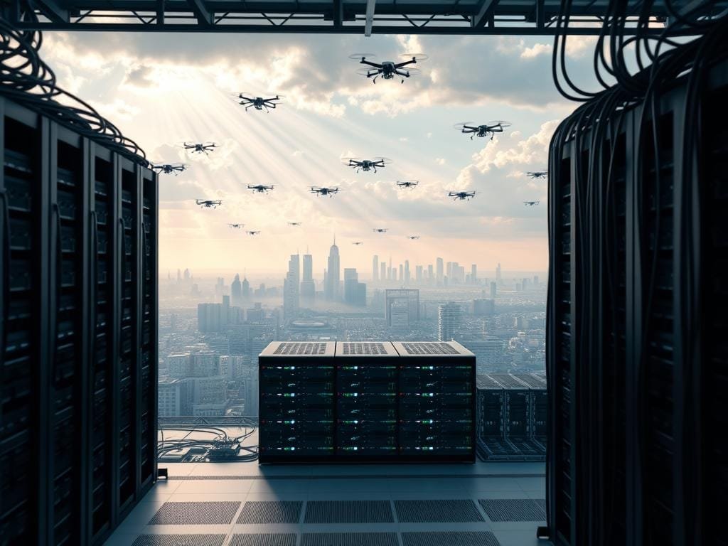 Detailed, high-quality 3D rendering of cloud computing infrastructure. Expansive data center with rows of server racks, cooling towers, and network cables in the foreground. In the middle ground, a cluster of interconnected server blades, glowing with LED status indicators. In the background, a panoramic view of a futuristic city skyline, with skyscrapers and hovering drone-like vehicles. Dramatic lighting, with beams of light filtering through the clouds, casting long shadows across the scene. Cinematic depth of field, with a sharp focus on the cloud computing hardware and a gentle blur in the distance. Convey a sense of scale, complexity, and technological sophistication.