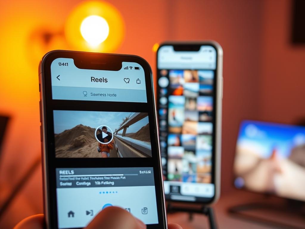Detailed, vibrant, high-resolution image of an Instagram Reels interface. Foreground depicts the Reels video player with an engaging thumbnail, seamless controls, and a clean, minimalist UI design. Middle ground shows the vertical scrolling feed of Reels content, with a diverse array of thumbnails and engaging visuals. Background features a blurred, soft-focus studio lighting setup, with warm, natural tones and a sense of depth and dimension. The overall scene conveys a modern, dynamic, and visually captivating Instagram experience optimized for mobile consumption.