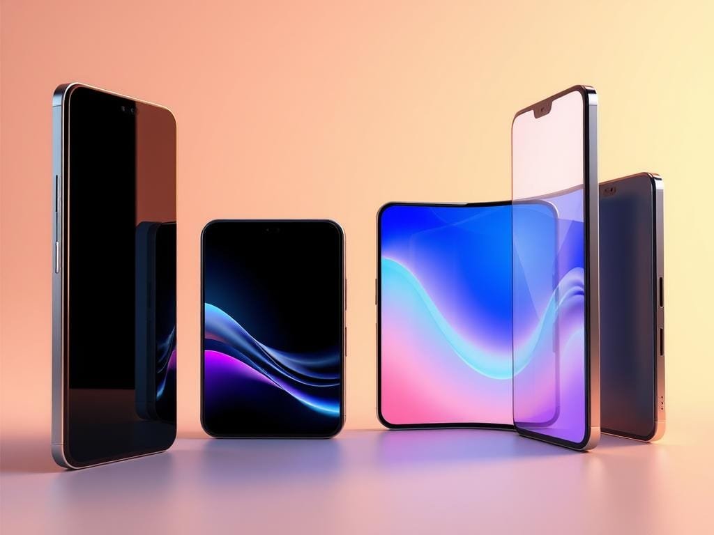 Foldable smartphone displays with seamless hinges, showcasing innovative screen technology. Sleek and futuristic devices in a variety of angles, highlighted by warm, soft lighting and clean, minimalist backgrounds. Vibrant, high-resolution renderings capture the nuanced textures and materials, from flexible OLED panels to intricate mechanical components. The displays fluidly transition between compact and expanded states, emphasizing the versatility and advanced engineering of these next-generation mobile devices. An atmosphere of sophisticated design and cutting-edge innovation, hinting at the possibilities of the smartphone's evolving form factor.