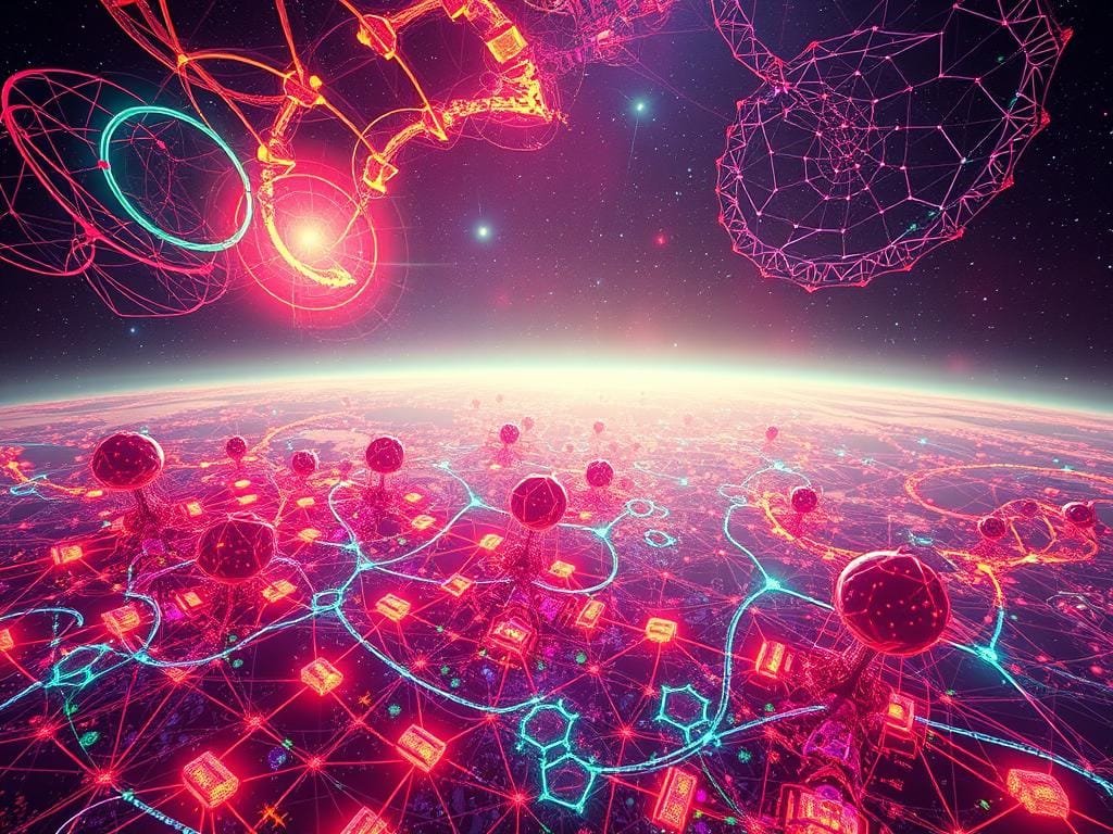 Futuristic algorithms, their intricate digital tapestry unfolding across a cosmic canvas. Vibrant swirls of code and data, pulsing with creative energy, converge to form mesmerizing abstract shapes. In the foreground, a kaleidoscope of geometric forms and glowing fractals, their structures shifting and evolving. The middle ground features a sprawling network of interconnected nodes, pulsing with luminous tendrils. The background is a vast, ethereal void, punctuated by the flickering of binary stars and the glow of distant computational nebulae. Rendered in a high-contrast, neon-like palette, the scene evokes a sense of boundless imagination and the limitless potential of algorithmic art.