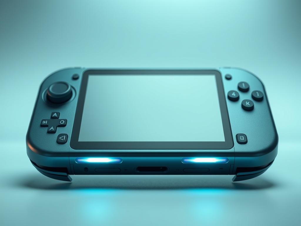 Handheld gaming device with a sleek, modern design. A compact, portable console with an edge-to-edge high-resolution display, surrounded by tactile controls and buttons. The device is rendered in a cool, metallic finish, illuminated by subtle backlighting. The camera captures the device from a low, front-facing angle, emphasizing its compact, ergonomic form factor. The background is a minimalist, softly blurred environment, allowing the gaming device to be the central focus. The overall mood is one of sophistication, technology, and the promise of immersive portable gaming.