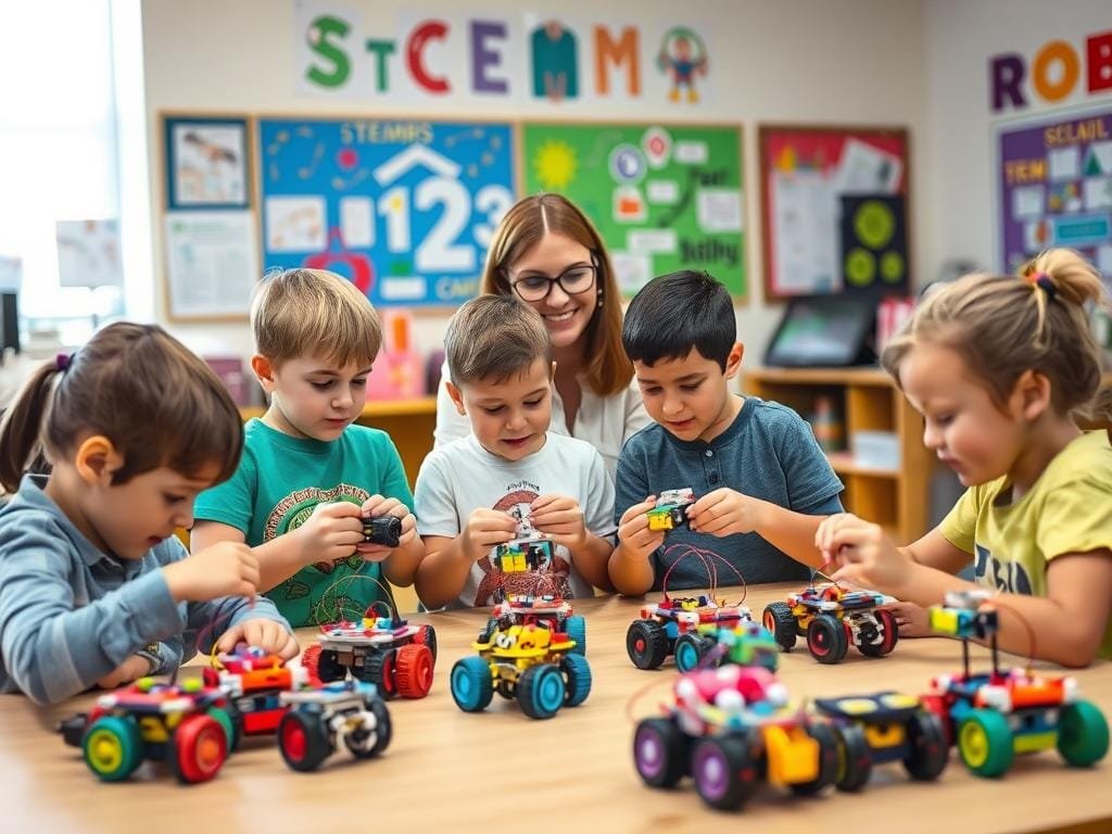Hands-on robotics for kids: A vibrant, well-lit classroom scene. In the foreground, a group of children eagerly assemble colorful, user-friendly robot kits, their faces lit with excitement as they tinker and explore. In the middle ground, an instructor guides them, demonstrating the basic programming principles. The background features a variety of STEM-themed educational materials, from posters to interactive displays, creating an immersive, supportive learning environment. The overall mood is one of discovery, curiosity, and the joy of hands-on learning.