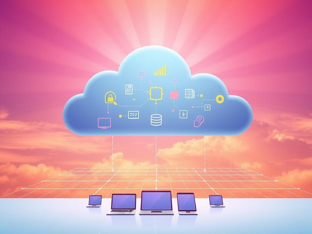 High-resolution digital illustration of the benefits of cloud computing, depicted in a minimalist, modern style. In the foreground, a sleek, stylized cloud formation representing the cloud infrastructure, with various colorful data icons and symbols flowing out from it, such as a server, database, and network nodes. In the middle ground, a grid of interconnected devices, laptops, and mobile phones, symbolizing the seamless integration and accessibility of cloud-based services. The background features a vibrant, gradient-filled sky with rays of light shining through, conveying a sense of efficiency, scalability, and the transformative power of cloud computing. Bright, warm tones and clean, geometric shapes create an aesthetically pleasing and technologically advanced visual composition.