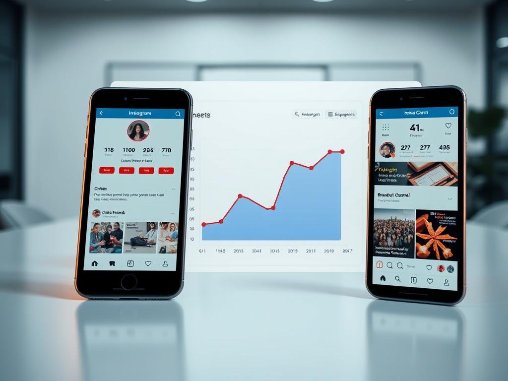 Imagine a sleek, modern social media dashboard. In the foreground, two mobile devices display Instagram profiles - one showcasing a "Close Friends" list, the other a "Broadcast Channel". The devices are arranged at an angle, casting warm, indirect lighting across the scene. In the middle ground, a stylized graph depicts key engagement metrics, hinting at the strategies for leveraging both Close Friends and Broadcast Channels. The background features a clean, minimalist environment, perhaps an office or workspace, to convey a professional, well-curated aesthetic. The overall mood is one of efficiency, organization and a strategic approach to building an impactful Instagram presence.