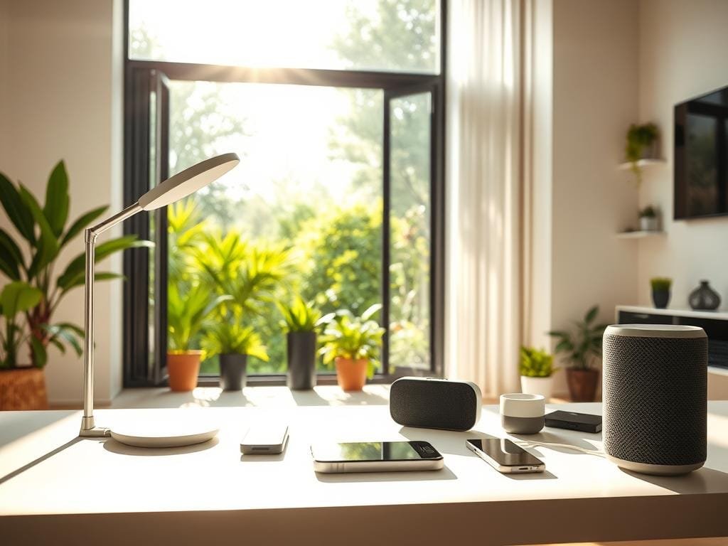 Prompt A sunlit home interior, with a clean and minimalist aesthetic. In the foreground, an assortment of solar-powered devices including a sleek desk lamp, a wireless charging pad, and a smart speaker. Midground features a large window overlooking a lush green garden, with sunlight streaming in and casting warm shadows. The background showcases other eco-friendly home accents like potted plants and a energy-efficient wall-mounted display. The overall atmosphere is one of tranquility, sophistication, and environmental consciousness.