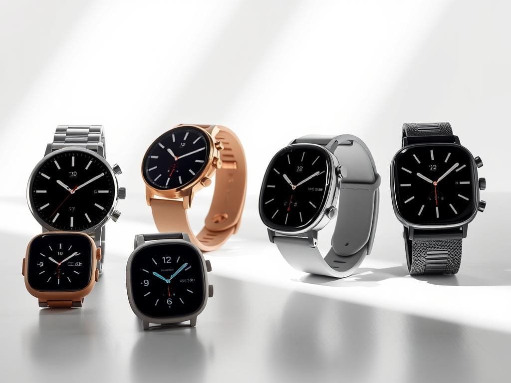 Prompt An avant-garde comparison of the latest smartwatch designs, showcased against a sleek, minimalist backdrop. In the foreground, a collection of cutting-edge timepieces in various shapes and materials - polished metal, matte ceramic, and transparent glass - each with its own distinct visual identity. The middle ground features dynamic lighting effects, casting dramatic shadows and highlights that accentuate the intricate textures and contours of the devices. In the background, a clean, white environment with subtle gradients, creating a sense of depth and focus on the smartwatch forms. The overall mood is one of sophistication, innovation, and a celebration of the evolving aesthetic language of wearable technology.