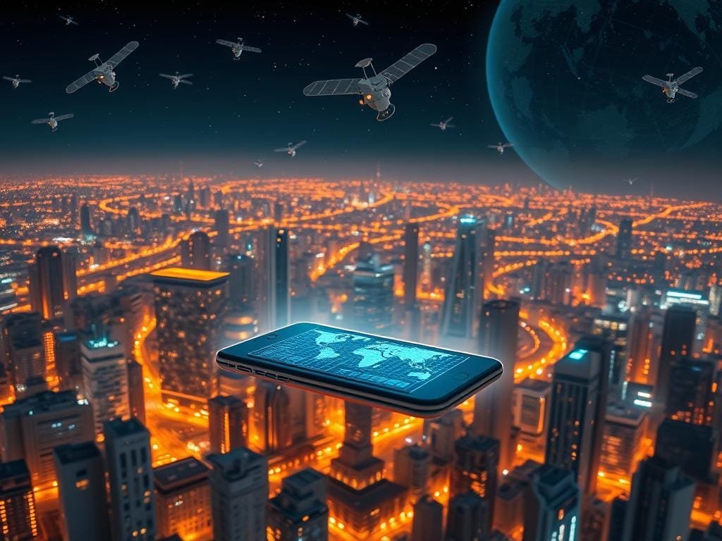 Satellite Connectivity Solutions A sprawling futuristic cityscape, bathed in a warm glow of holographic displays and glowing satellites. In the foreground, a sleek, high-tech mobile device hovers, its screen projecting a digital interface showcasing global connectivity and coverage. The middle ground features a network of satellite dishes and relay towers, seamlessly integrated into the urban landscape. In the background, the night sky is dotted with a constellation of satellites, their solar panels glittering as they orbit the Earth, facilitating uninterrupted communication and data transmission. The scene conveys a sense of advanced technology, global interconnectivity, and the seamless integration of satellite-based solutions into modern mobile experiences.