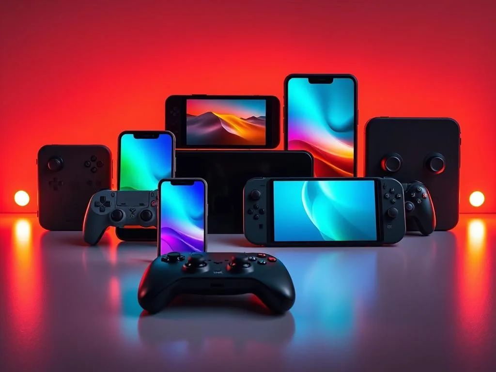 sleek and modern mobile gaming devices, arranged in a stylish composition. a variety of smartphones, tablets, and handheld consoles, each with vibrant displays and intuitive controls, bathed in warm, directional lighting that highlights their premium design. the devices are positioned on a minimalist, reflective surface, creating a sense of depth and sophistication. the overall scene conveys the excitement and versatility of mobile gaming, inspiring the viewer to consider the best device for their on-the-go gaming needs.
