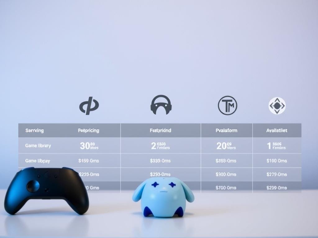 Sleek, modern comparison of major gaming subscription services. Foreground features clean, minimalist icons or logos of each service. Middle ground has neatly arranged service details like pricing, game library size, platform availability. Background has a subtle, textured gradient or pattern that complements the overall aesthetic. Lighting is soft and even, creating a high-quality, professional look. Camera angle is slightly elevated to provide an overview, with a shallow depth of field for focus on the key service information. The mood is one of clarity, organization and thoughtful consideration of options, fitting the article's goal of helping readers choose the right gaming subscription.