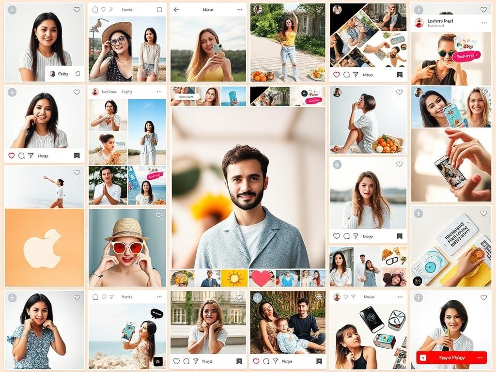 Vibrant Instagram collage posts with an engaging, social media-inspired composition. A dynamic grid of square images featuring diverse content creators, products, and visuals. The foreground highlights a central focus image, surrounded by smaller, dynamic thumbnail-style posts. The middle ground showcases various product shots, selfies, and lifestyle imagery in a cohesive, visually-striking pattern. The background has a soft, blurred social media feed aesthetic, with subtle interface elements like icons and buttons. Bright, saturated colors, natural lighting, and a clean, contemporary style convey the energetic, collaborative nature of Instagram collabs.