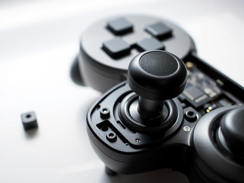 a close-up shot of a disassembled gaming controller, with the analog stick in the foreground. the stick is partially removed, exposing its internal components. the controller's shell is open, revealing the circuit board and other intricate parts. the lighting is soft and diffused, casting gentle shadows that accentuate the details. the image has a neutral, technical tone, conveying a sense of methodical repair work. the composition emphasizes the stick and the controller's inner workings, providing a clear visual guide for the repair process described in the article.