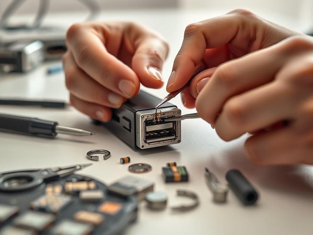 a close-up view of a person's hands repairing a damaged usb port on a desktop computer or laptop, with various tools and components like screwdrivers, tweezers, and replacement parts neatly arranged on a clean, well-lit workbench. the lighting is soft and diffused, creating a sense of focus and attention to detail. the image should convey a sense of confidence and competence in tackling a delicate diy repair, with the goal of restoring the usb port to full functionality.