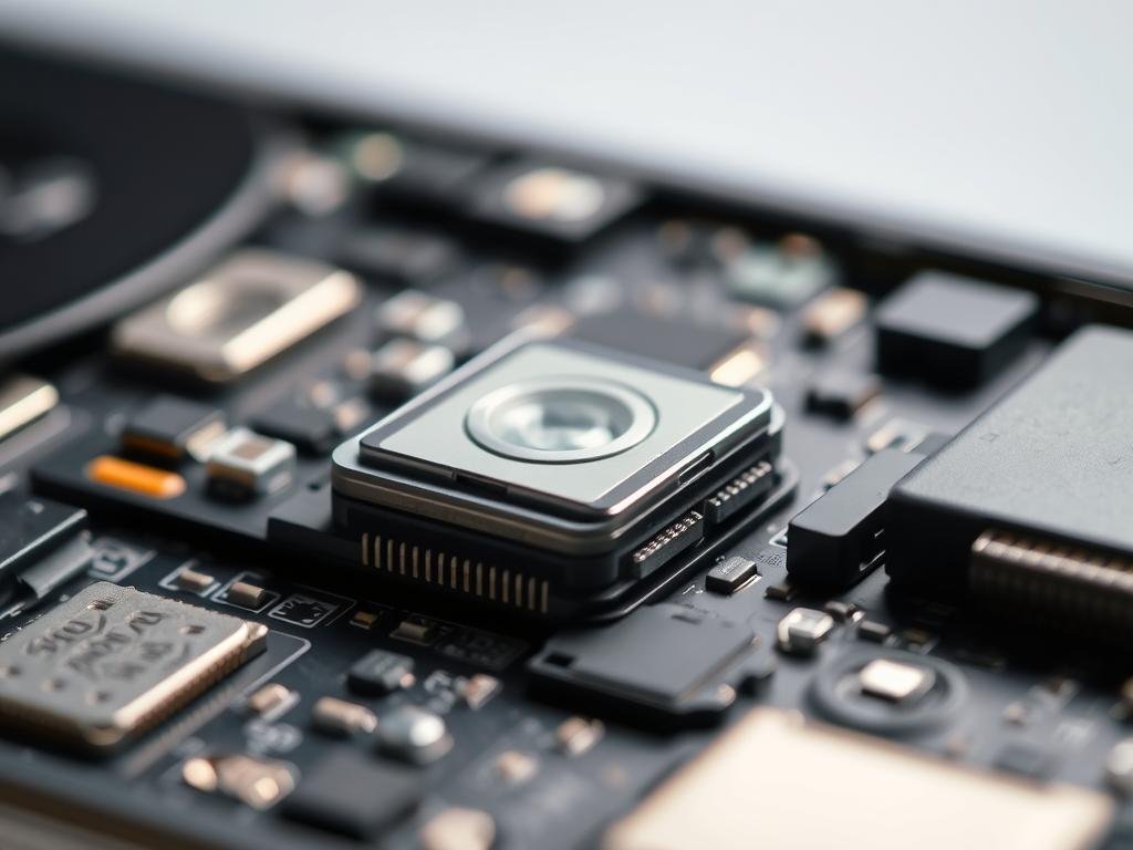 a close-up view of a smartphone's internal components, showing the proximity sensor module in focus. The sensor is situated on a circuit board, surrounded by other electronic components. The image is lit with soft, directional lighting to highlight the intricate details of the sensor's design and construction. The background is slightly blurred, creating a sense of depth and emphasis on the sensor. The overall tone is one of technical precision and attention to detail, reflecting the DIY repair nature of the subject matter.