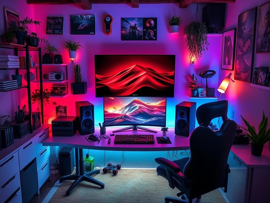 a cozy and inviting gaming setup with a large, immersive display surrounded by stylish and ergonomic peripherals, illuminated by warm and ambient lighting, creating a comfortable and immersive gaming experience. the setup is positioned in a well-organized and visually appealing workspace, with plants and other decor elements adding a touch of personality. the overall scene conveys a sense of focus, productivity, and enjoyment, perfectly capturing the essence of an optimized gaming space.