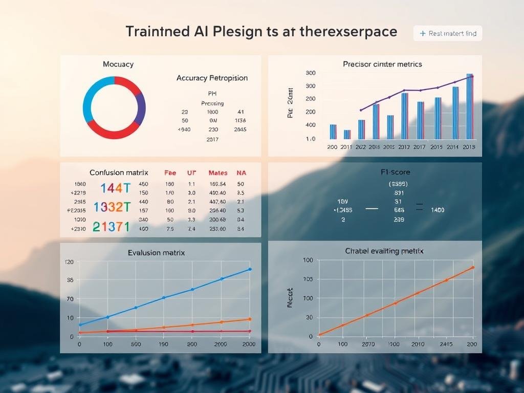 a detailed data visualization dashboard displaying various model evaluation metrics such as accuracy, precision, recall, F1-score, and confusion matrix, arranged in a clean and visually appealing layout, set against a backdrop of a stylized circuit board or technological landscape, with a soft, muted color palette and subtle lighting to create a professional, analytical atmosphere, suitable for use in an article on training AI models for image recognition
