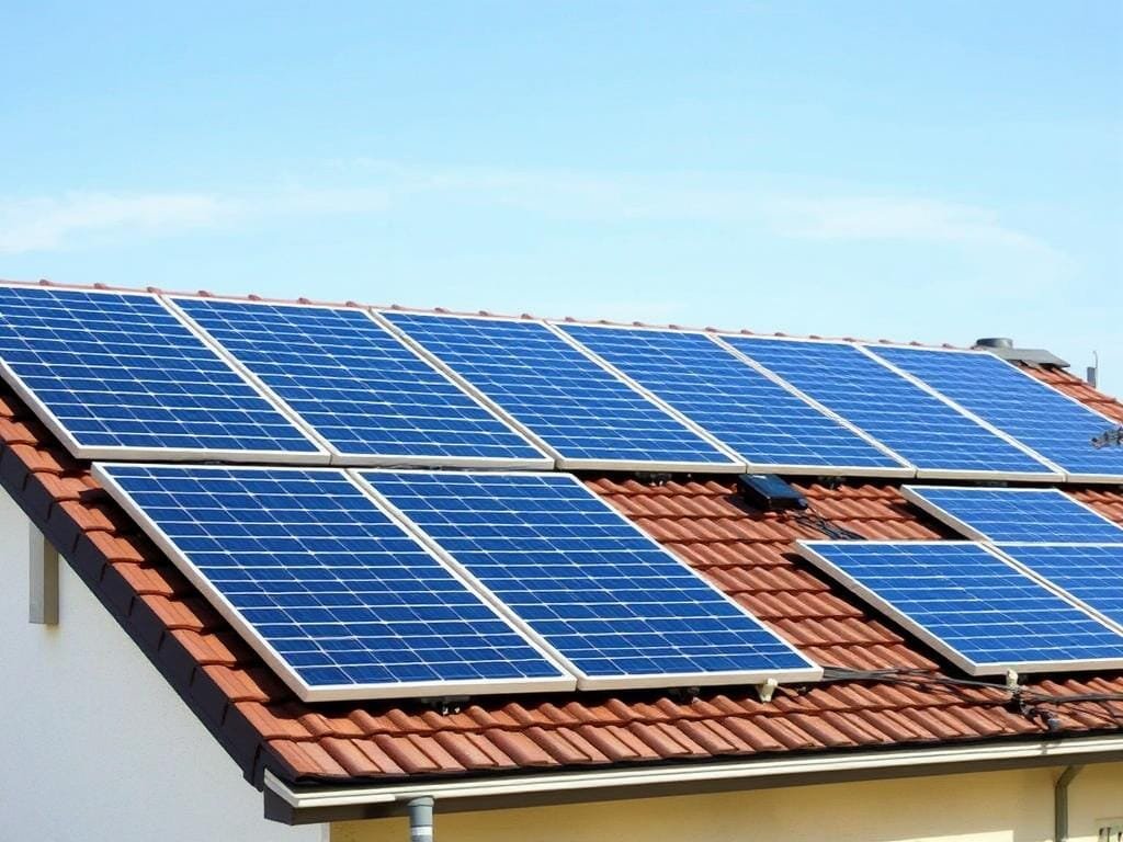 a detailed, high-quality photograph of a residential rooftop solar panel installation, with a clear, sunny sky in the background. The solar panels are arranged in an efficient, organized layout, mounted securely on the roof. The panels have a sleek, modern design with a reflective surface that captures the sunlight effectively. The installation includes the necessary electrical components such as inverters and cabling, all neatly integrated into the overall system. The image showcases the entire installation process, from the roof preparation to the final wiring and commissioning, providing a comprehensive visual guide for a DIY solar power project.