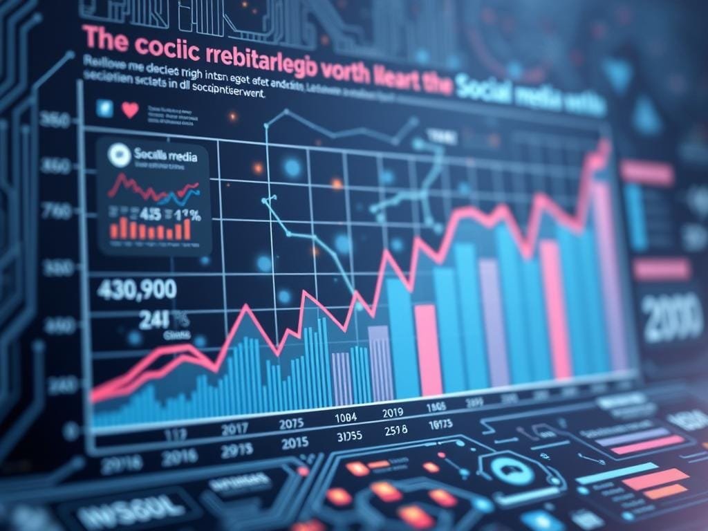 a detailed, infographic-style visualization of social media growth rates over time, depicted with precise line graphs, bar charts, and data visualizations. the foreground should feature a clean, minimalist design with distinct data points and trends highlighted in a vibrant color palette. the background should convey a sense of digital connectivity, with subtle technological elements such as circuit boards, digital networks, or geometric patterns. the overall mood should feel informative, data-driven, and visually engaging, conveying the latest social media statistics in a crisp, modern aesthetic. the image should be captured with a wide-angle lens to showcase the full scope of the data visualization, with soft, even lighting to accentuate the clarity of the information.