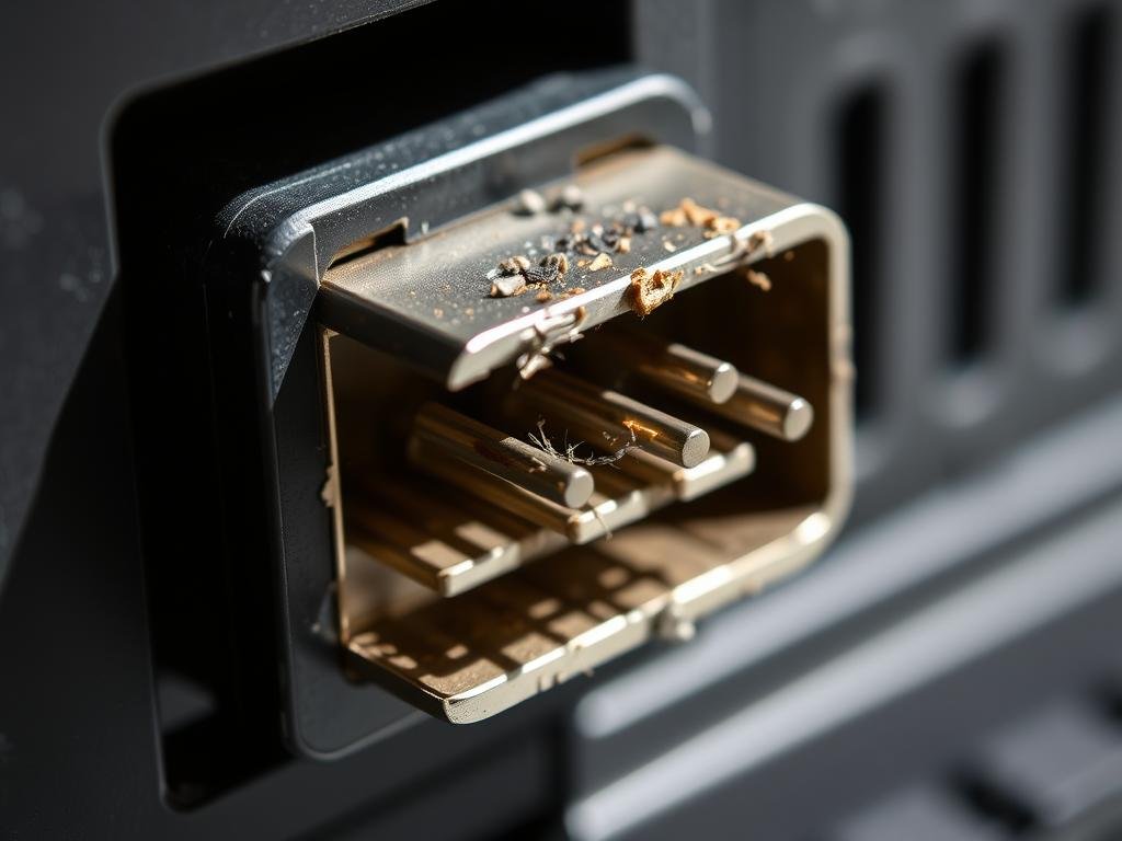 a detailed macro photograph of a damaged usb port on a computer, showing the bent, broken, or missing pins inside the port, with a dirty, corroded, or discolored appearance, under bright, direct lighting that highlights the imperfections, with a shallow depth of field that keeps the port in sharp focus while blurring the background, conveying a sense of frustration and the need for repair