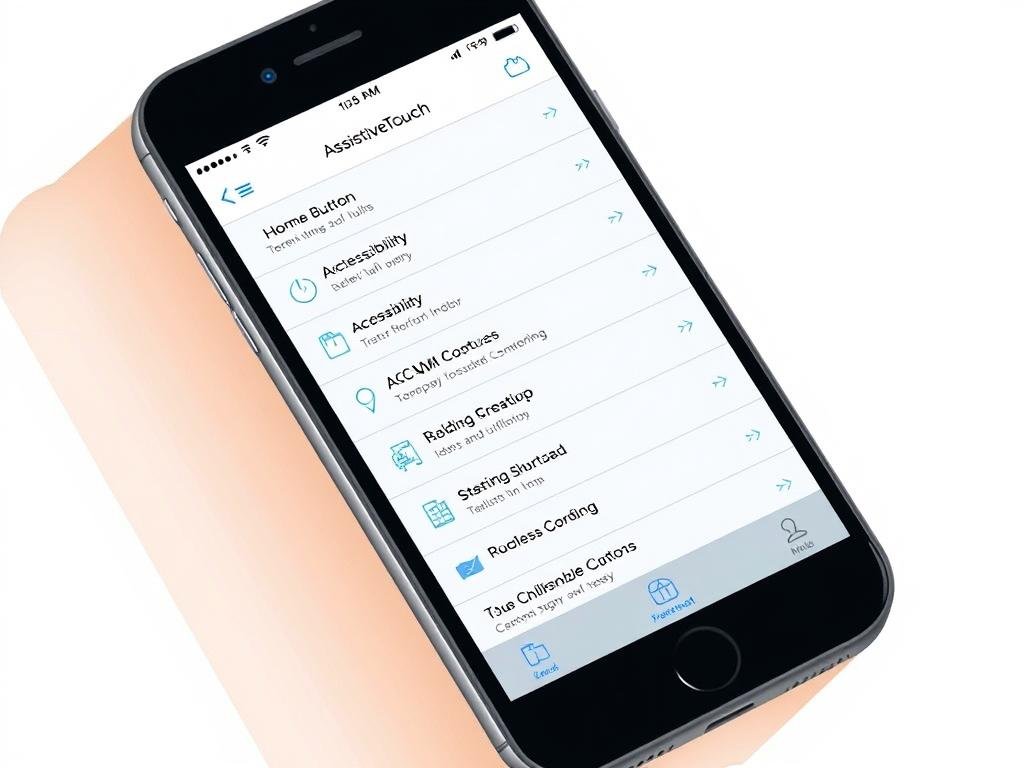 a digital illustration of an iphone screen showing the assistivetouch menu, with a clean, minimal design showcasing the various accessibility options and tools available. the image should have a soft, natural lighting that highlights the intuitive interface, conveying a sense of ease and simplicity. the composition should be well-balanced, drawing the viewer's attention to the key features of the assistivetouch menu, such as the home button, accessibility shortcuts, and other customizable controls. the overall mood should be one of practicality and problem-solving, reflecting the "diy fixes for temporary solutions" section of the article.