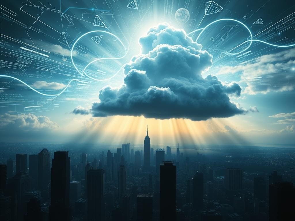 a dramatic, cinematic landscape depicting cloud computing security. in the foreground, a futuristic city skyline with towering data centers and high-tech skyscrapers. the sky is filled with a swirling storm of digital information, represented by glowing lines of code, wireframes, and abstract geometric shapes. in the middle ground, a massive, ominous cloud looms, symbolic of the ever-present threat of cyber attacks and data breaches. rays of light pierce through the cloud, illuminating the city below. the lighting is dramatic, with deep shadows and dramatic highlights, creating a sense of tension and urgency. the overall mood is one of power, complexity, and the constant need for vigilance in the face of evolving digital threats.