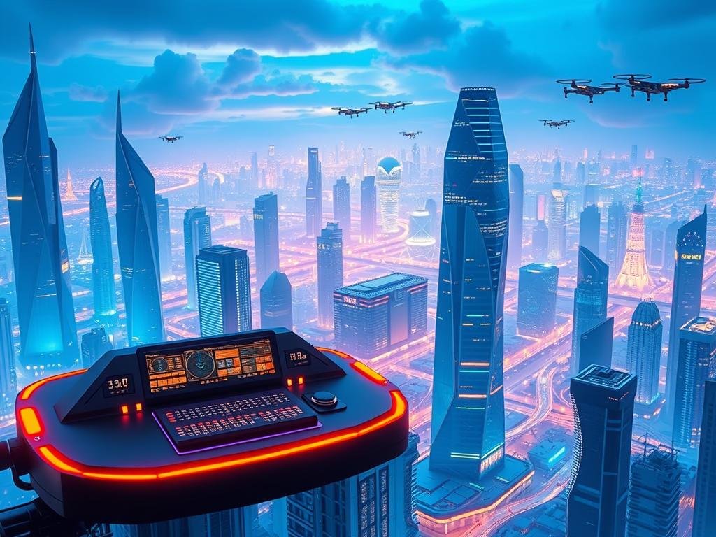a dynamic, futuristic cityscape with sleek, towering skyscrapers and advanced cloud infrastructure technologies. in the foreground, a floating command center with holographic displays and control panels, illuminated by a warm, ambient glow. the middle ground features interconnected data centers, networks, and cloud platforms, represented by geometric shapes and glowing cables. in the background, a vibrant, neon-lit skyline with hovering transport vehicles and drones, conveying a sense of a highly automated, ai-driven cloud ecosystem. the scene is bathed in a cool, blue-tinted lighting, creating a futuristic, tech-savvy atmosphere. the overall composition suggests the seamless integration of cloud management tools, automation, and next-generation cloud infrastructure.