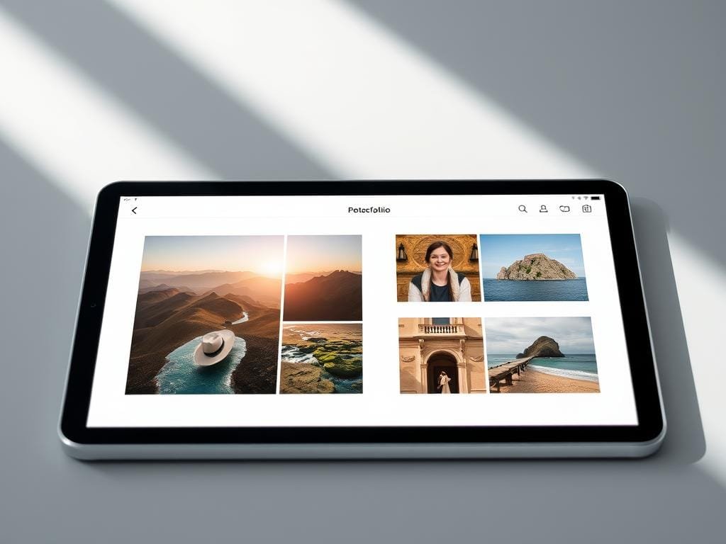 a high-quality digital photography portfolio displayed on a sleek, modern tablet device with a minimalist design, showcasing a curated selection of stunning landscape, portrait, and architectural photographs captured with a professional-grade camera lens and natural lighting, creating a visually captivating and cohesive presentation that invites viewers to explore the photographer's artistic vision and technical expertise