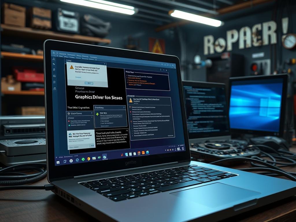 a highly detailed, photorealistic 3D illustration of a computer desktop environment with a focus on troubleshooting graphics driver issues. The foreground features a laptop or desktop computer screen displaying various diagnostic tools, error messages, and system information panels related to graphics driver problems. In the middle ground, there are various hardware components like a GPU, motherboard, and cables. The background depicts a dimly lit, industrial-style office or workshop setting with shelves, tools, and other electronic equipment. The overall scene conveys a sense of technical complexity and the challenges involved in resolving graphics driver-related issues.