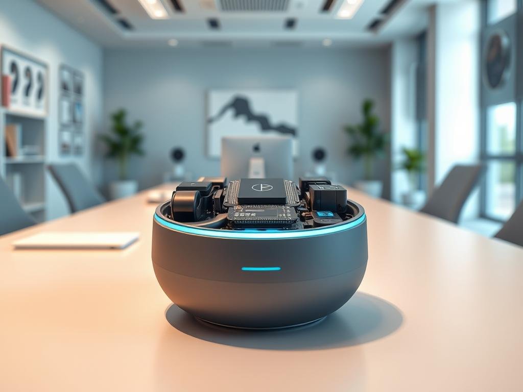 a highly detailed, photorealistic 3D render of a smart voice assistant device, showcasing its various components and capabilities. the device is positioned on a sleek, minimalist desk in a modern, well-lit office setting. the assistant features a smooth, rounded design with a high-resolution display panel and an array of advanced microphones and speakers. the foreground highlights the device's intuitive user interface, conveying its seamless integration with smart home features and digital assistant functionalities. the middle ground depicts the internal circuitry and processors powering the assistant, while the background presents a clean, uncluttered workspace with stylish decor, conveying a sense of productivity and technological sophistication.