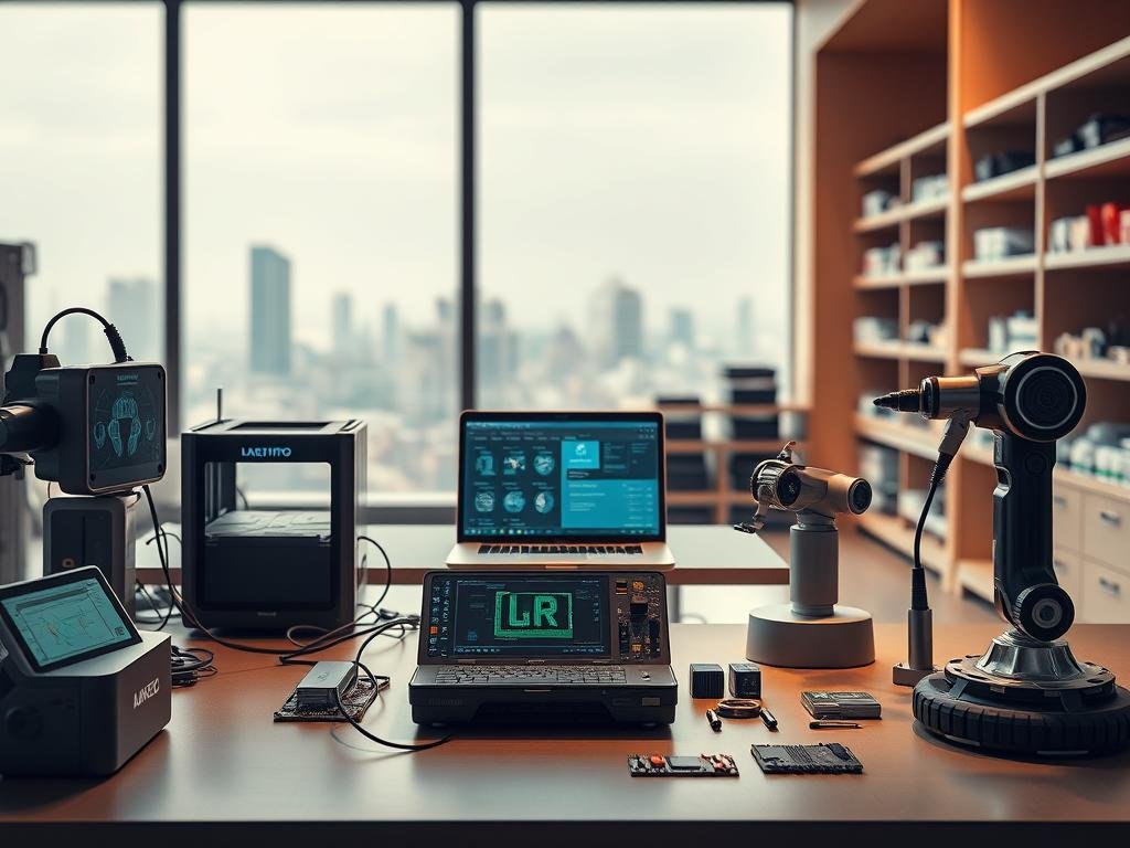 a highly detailed, photorealistic image of AI-powered tools and technologies for tech repairs, set against a modern, minimalist workspace. In the foreground, an array of diagnostic devices and robotic repair tools, including a 3D printer, a circuit board analyzer, and a smart screwdriver. In the middle ground, a sleek workbench with a laptop displaying diagnostic software, while in the background, shelves of spare parts and a large window overlooking a cityscape. The scene is bathed in a warm, indirect lighting, creating a sense of professionalism and efficiency. The overall mood is one of technological sophistication and the seamless integration of AI into the world of tech repairs.