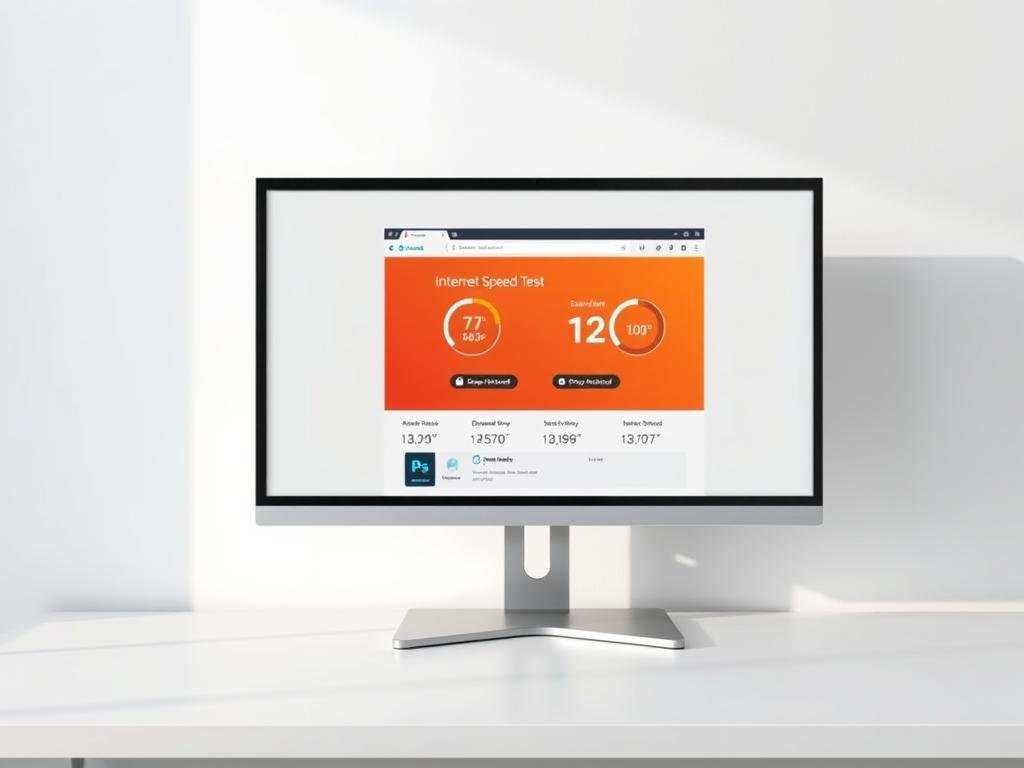 a hyper-realistic 3d render of a modern flat-screen computer monitor displaying an active internet speed test website, with the download and upload speeds prominently displayed. the monitor is placed on a sleek, minimalist desk against a plain white wall, creating a clean and uncluttered workspace environment. soft, directional lighting casts subtle shadows, emphasizing the depth and details of the monitor and desk. the overall scene conveys a sense of focus and efficiency, reflecting the "assessing your current internet speed" section of the "diy: network optimization to improve internet connection" article.