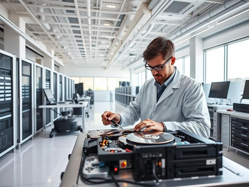 a professional data recovery service center, with a bright, modern interior featuring clean white walls, sleek metal workstations, and rows of high-tech data storage devices. in the foreground, a technician in a lab coat carefully examines a disassembled hard drive, using specialized tools and a magnifying glass. the middle ground showcases various data recovery hardware and software, including data recovery servers, diagnostic tools, and backup storage solutions. the background features large windows, allowing natural light to flood the space and create a sense of openness and transparency. the overall mood is one of professionalism, efficiency, and a commitment to restoring lost data.