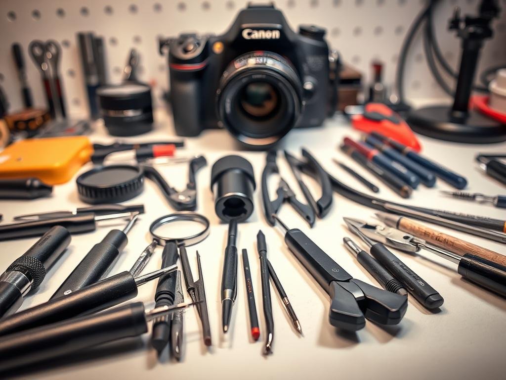 a professional photography studio setup with a variety of camera repair tools neatly arranged on a clean, well-lit workbench. in the foreground, there are precision screwdrivers, tweezers, and a magnifying glass. in the middle ground, various pliers, wire cutters, and a soldering iron are visible. in the background, a high-quality dslr camera, lens, and other specialized tools are displayed, conveying a sense of expertise and attention to detail. the lighting is soft and even, creating a calm, focused atmosphere ideal for intricate camera repair work.