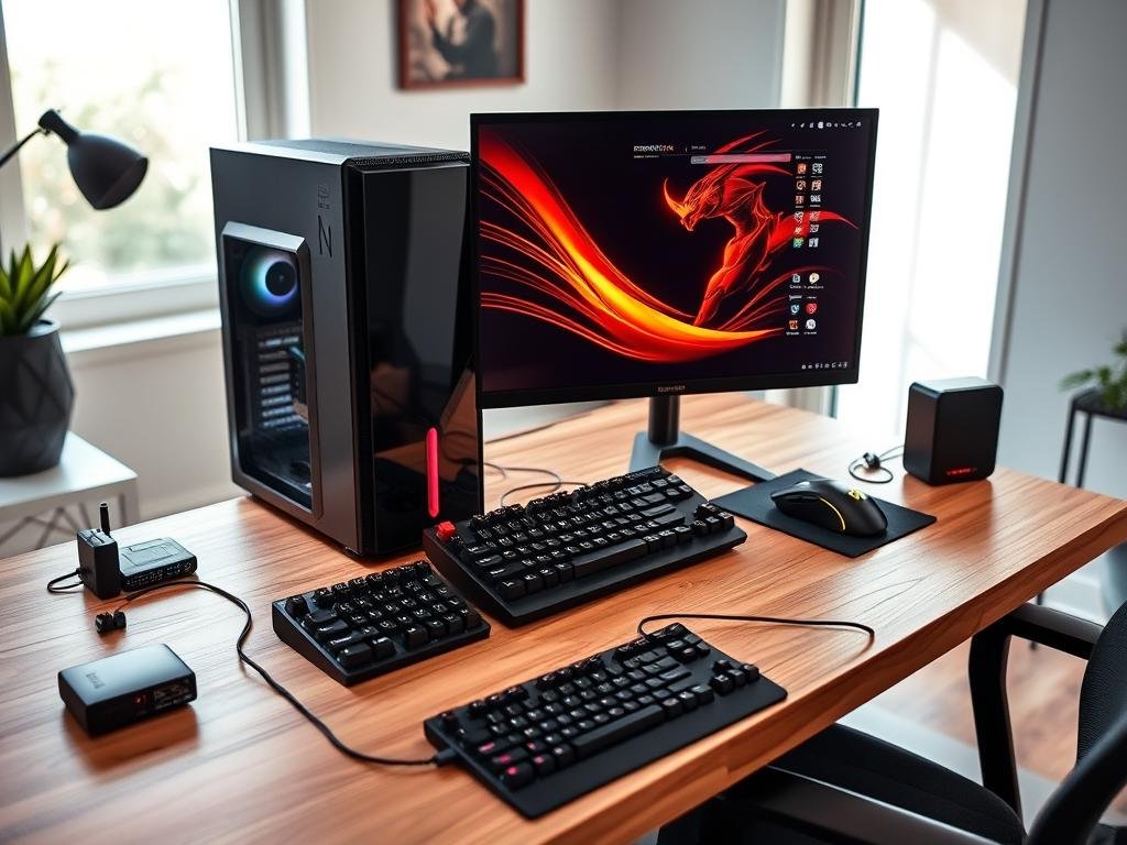a sleek, modern gaming setup with a powerful desktop computer, a high-resolution gaming monitor, a mechanical keyboard, and a state-of-the-art gaming mouse, all arranged on a minimalist, wood-grain desk in a well-lit, minimalist home office, with natural light streaming in through large windows, creating a warm, inviting atmosphere that showcases the latest and greatest in gaming hardware, perfect for building an immersive and efficient gaming experience on a budget.
