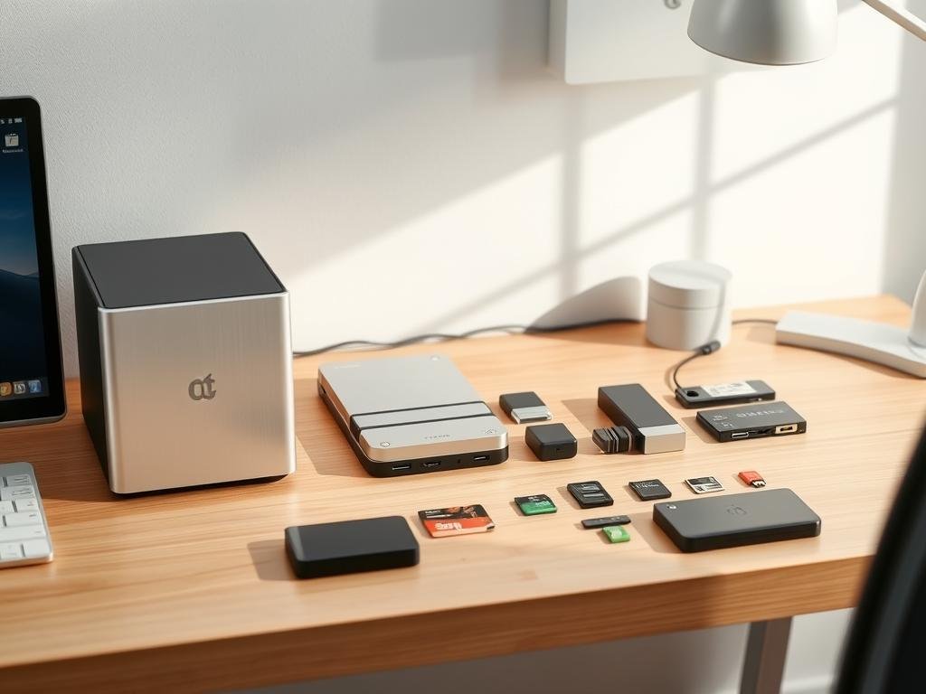a well-lit modern desktop with various storage solutions neatly arranged, including a sleek silver desktop hard drive, a compact solid-state drive, and a collection of small data storage devices like usb thumb drives and memory cards, all placed on a minimalist wooden desk with clean lines and a neutral color palette, creating a visually appealing and organized workspace for the diy home computing enthusiast