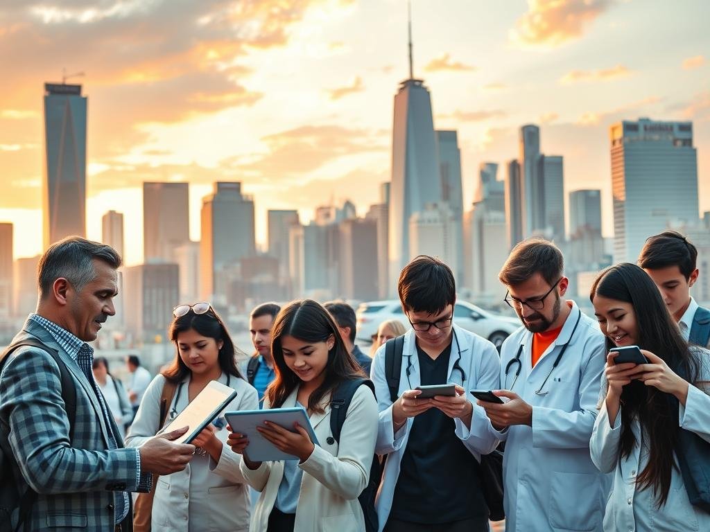 A bustling metropolis with towering skyscrapers in the background, set against a vibrant sky. In the foreground, a diverse group of people engaged in various activities - a businessman on a video call, a student studying on a tablet, a doctor examining a patient, and friends gaming on their smartphones. The scene is illuminated by warm, natural lighting, creating a sense of energy and productivity. The camera angle is slightly elevated, providing a comprehensive view of the dynamic use cases that AI-powered smartphones enable across work, health, education, and entertainment.